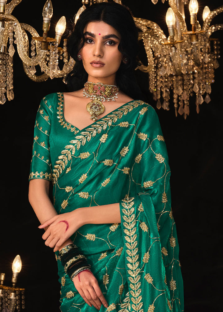 Teal Green Satin Silk Saree Embellished with Stone,Sequin,Embroidery & Zarkan work