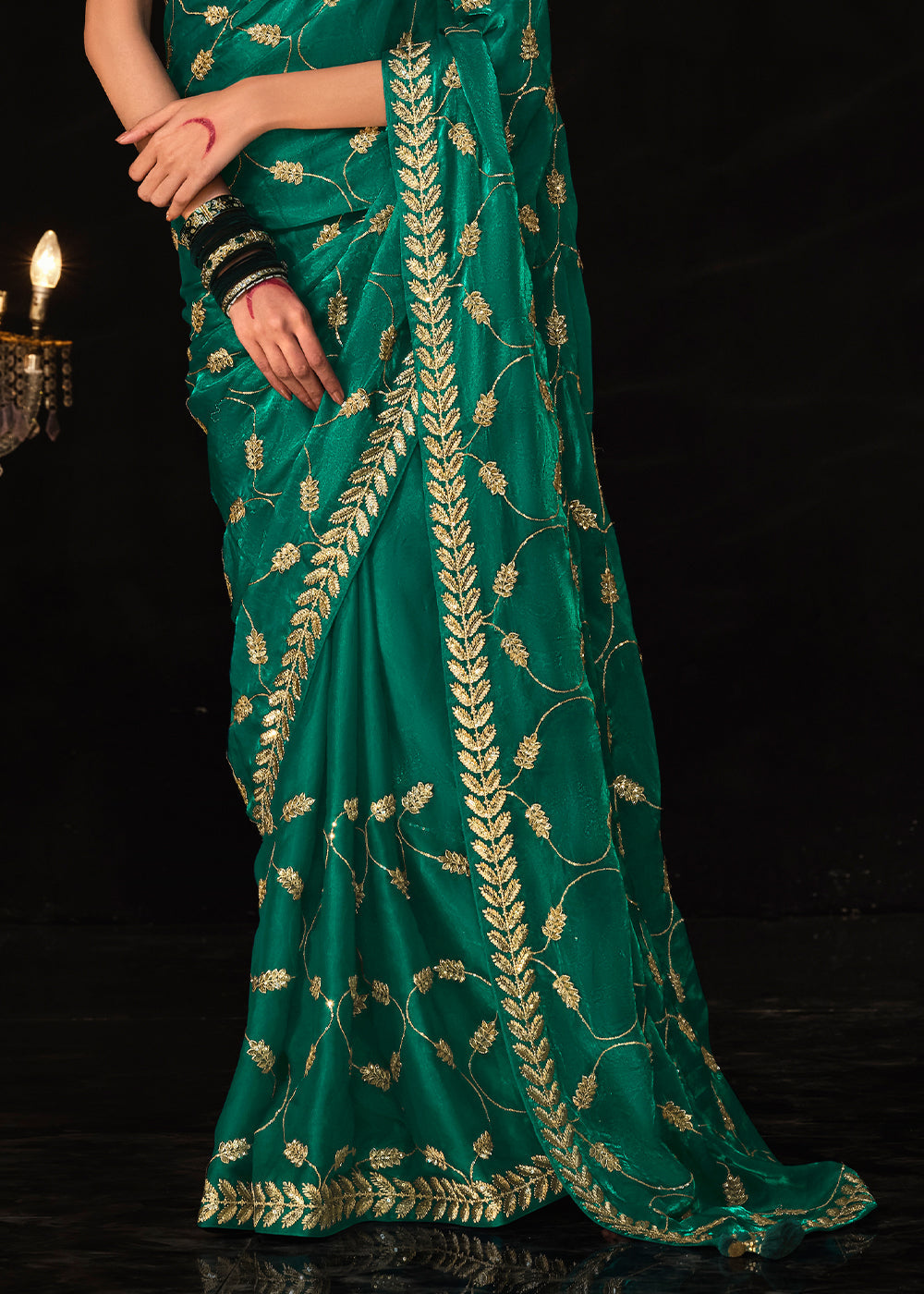 Teal Green Satin Silk Saree Embellished with Stone,Sequin,Embroidery & Zarkan work