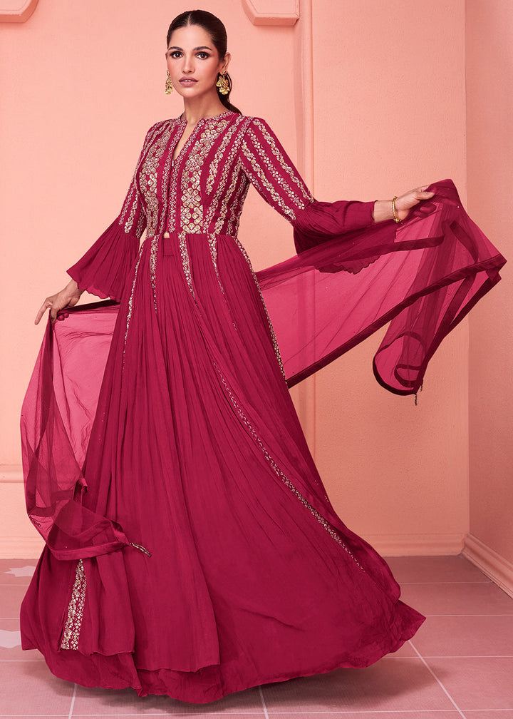 Ruby Pink Embroidered Georgette Salwar Suit By Qivii