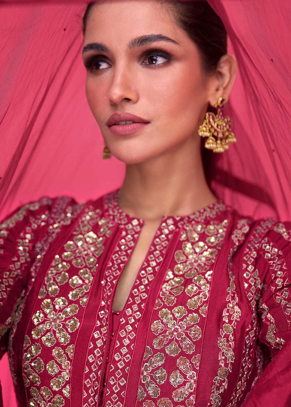 Ruby Pink Embroidered Georgette Salwar Suit By Qivii