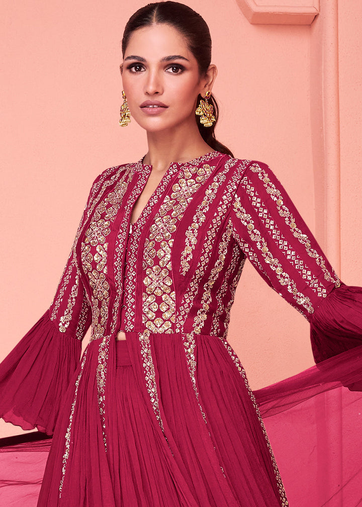 Ruby Pink Embroidered Georgette Salwar Suit By Qivii