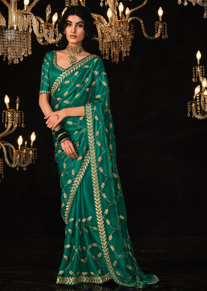 Teal Green Satin Silk Saree Embellished with Stone,Sequin,Embroidery & Zarkan work