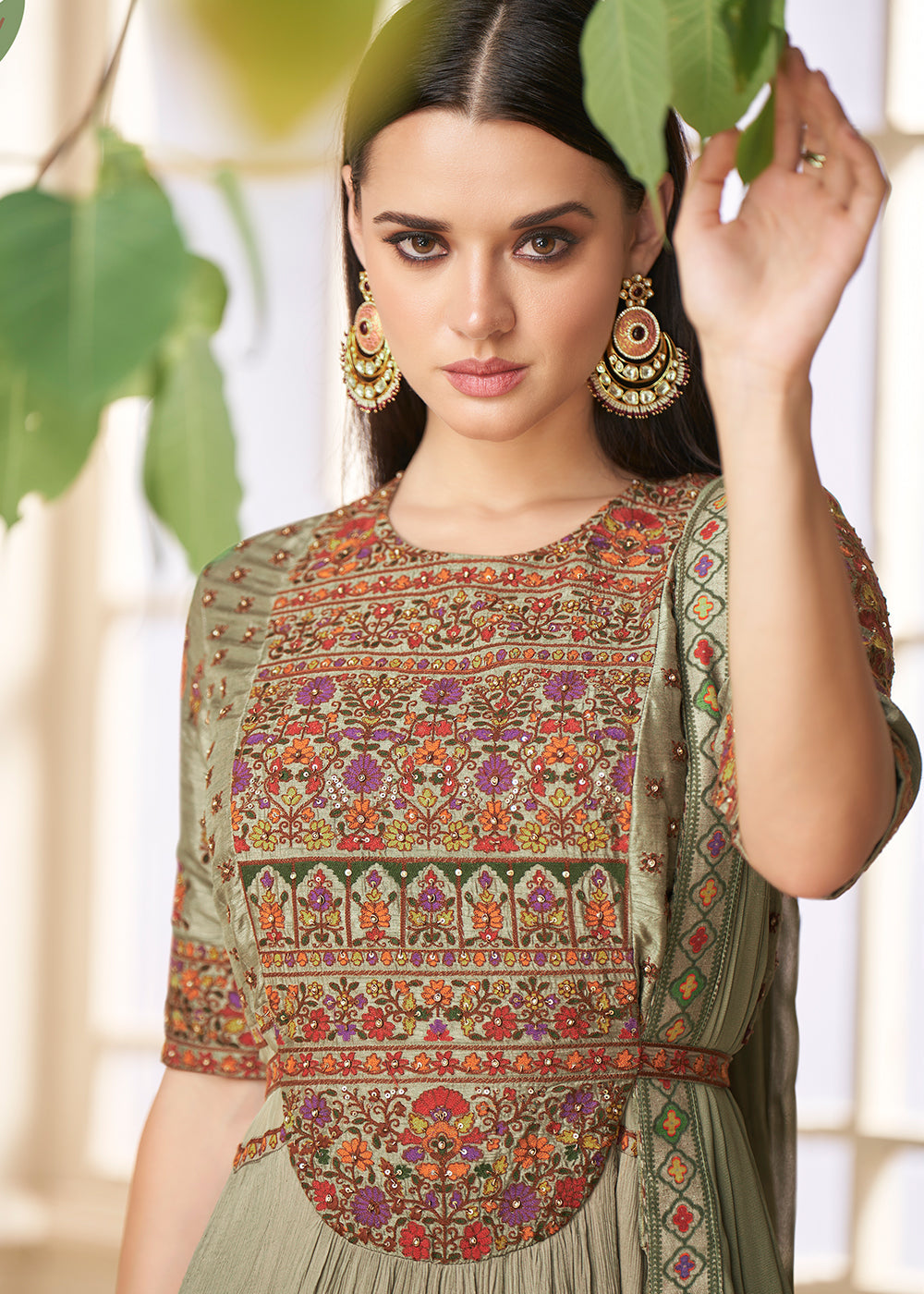 Shades Of Green Designer Georgette  Anarkali Suit with Embroidery work By Qivii