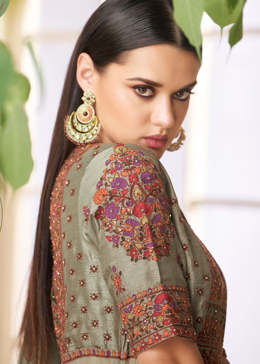 Shades Of Green Designer Georgette  Anarkali Suit with Embroidery work By Qivii