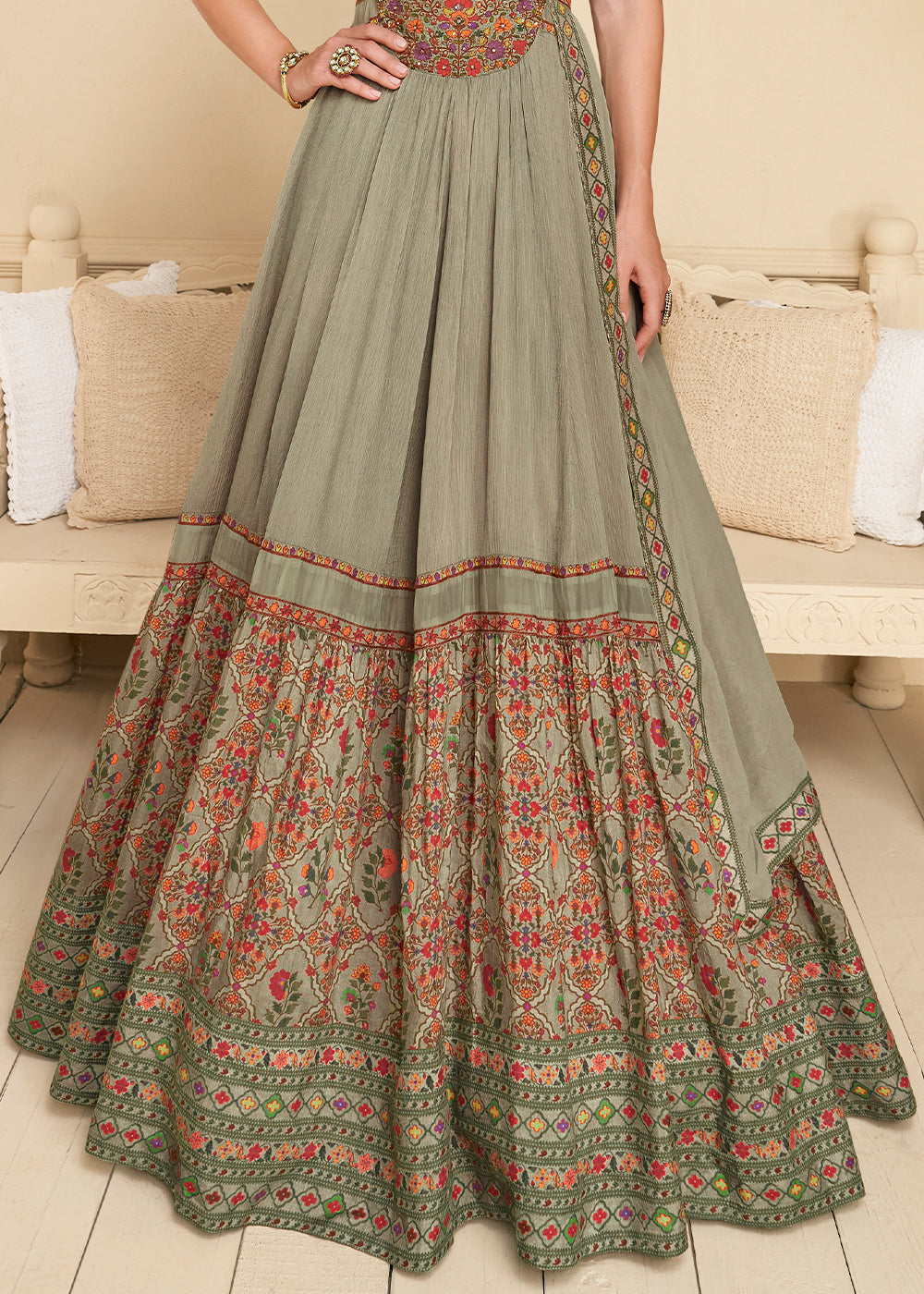 Shades Of Green Designer Georgette  Anarkali Suit with Embroidery work By Qivii