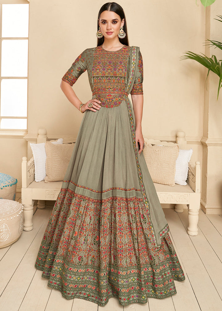 Shades Of Green Designer Georgette  Anarkali Suit with Embroidery work By Qivii