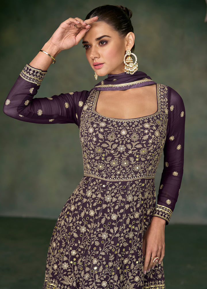 Midnight Purple Georgette Front Embroidered Anarkali Suit By Qivii