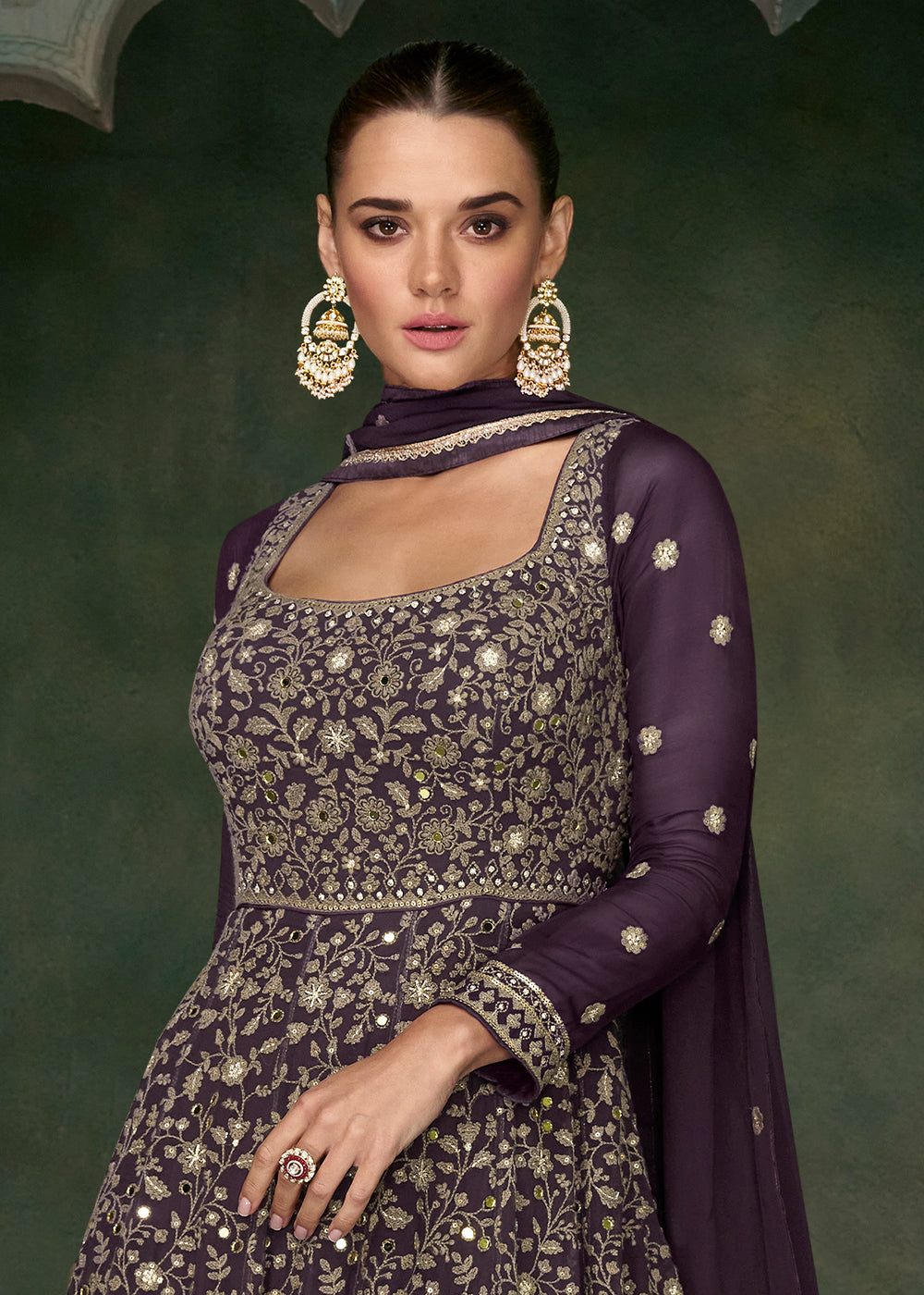 Midnight Purple Georgette Front Embroidered Anarkali Suit By Qivii