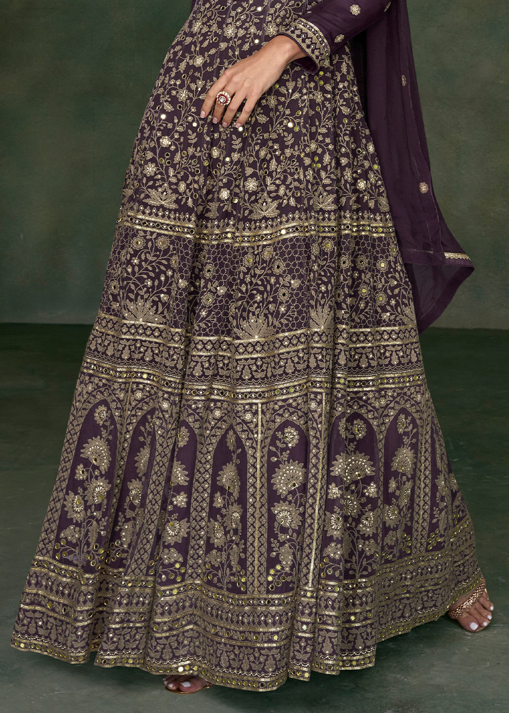 Midnight Purple Georgette Front Embroidered Anarkali Suit By Qivii