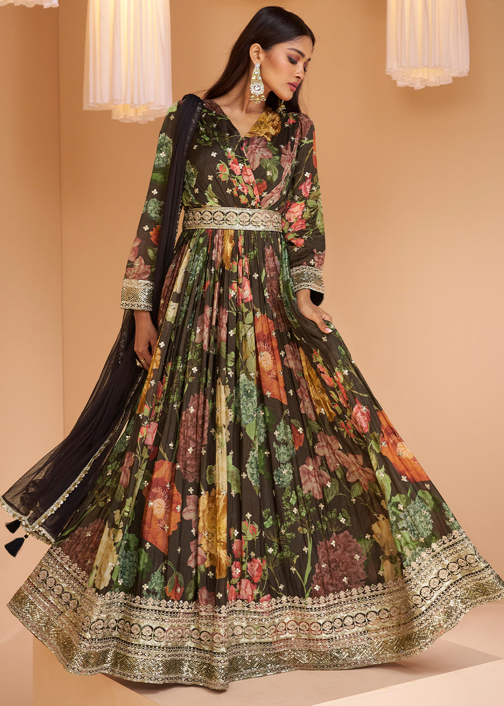 Chocolate Brown Floral Printed Georgette Anarkali Suit By Qivii