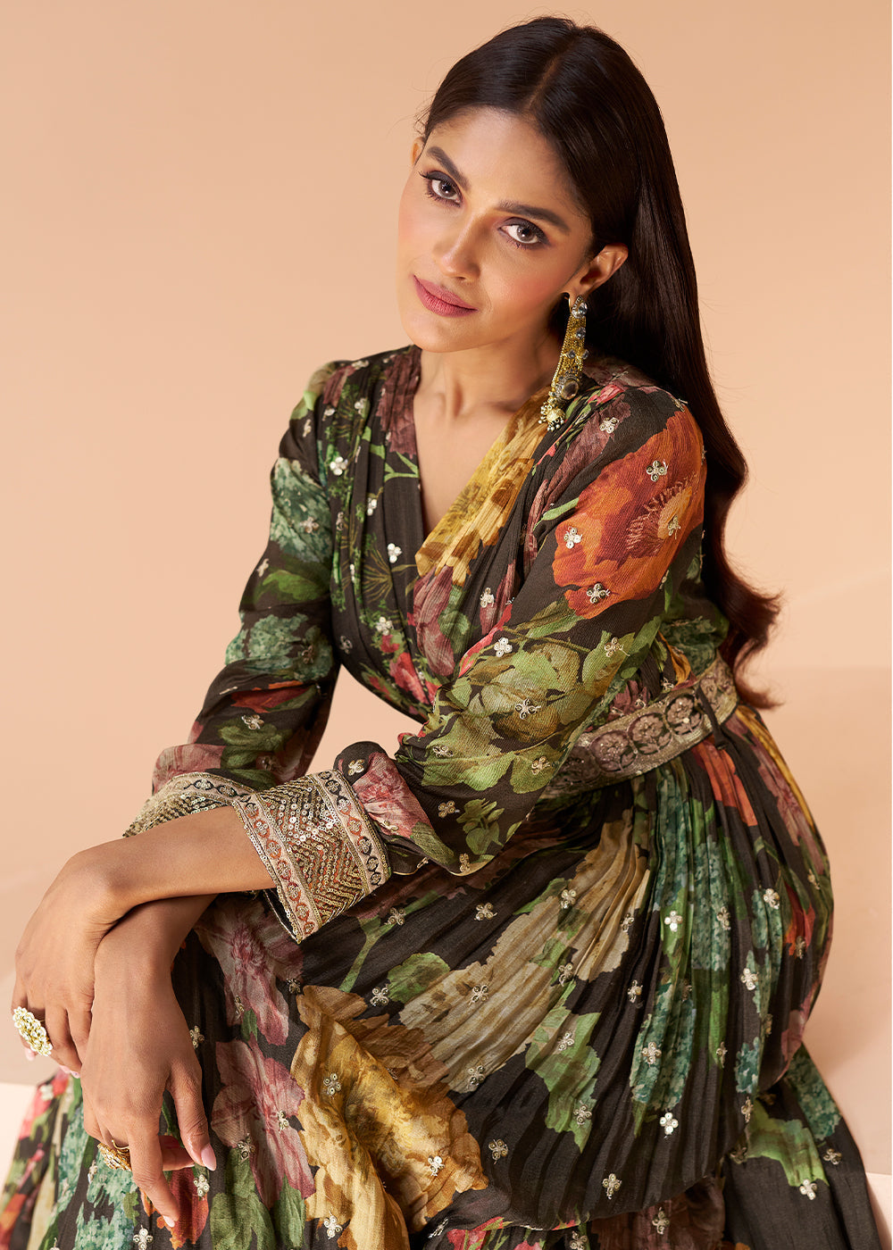 Chocolate Brown Floral Printed Georgette Anarkali Suit By Qivii