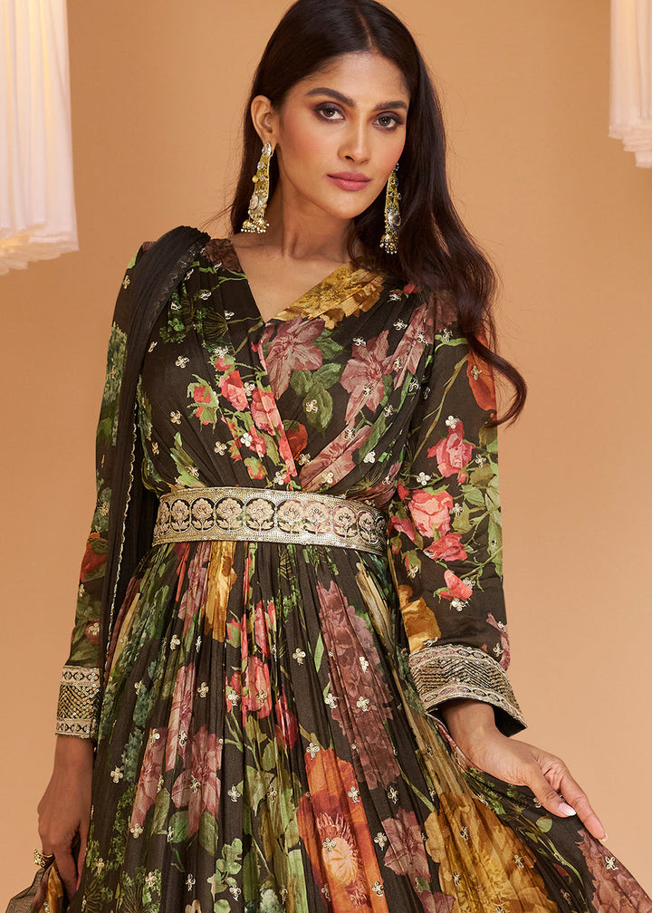 Chocolate Brown Floral Printed Georgette Anarkali Suit By Qivii