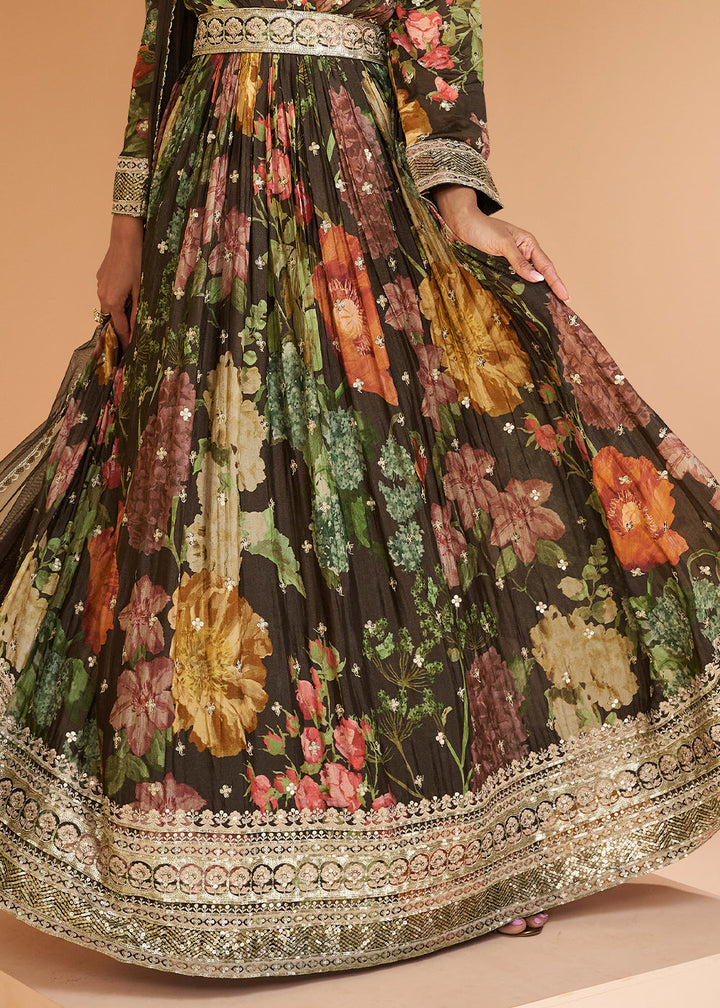 Chocolate Brown Floral Printed Georgette Anarkali Suit By Qivii