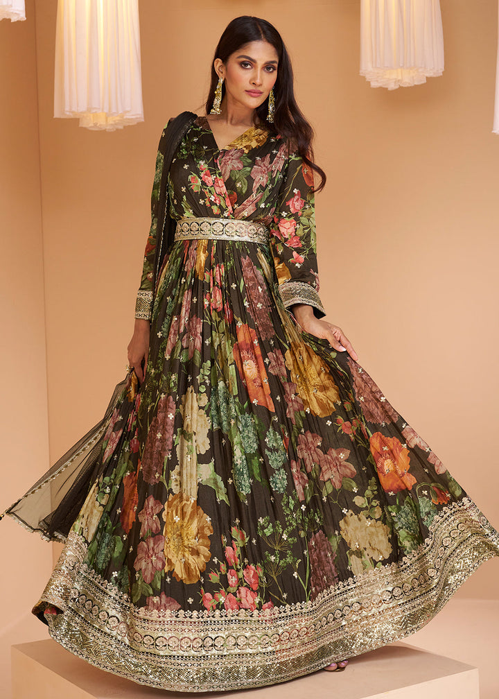 Chocolate Brown Floral Printed Georgette Anarkali Suit By Qivii