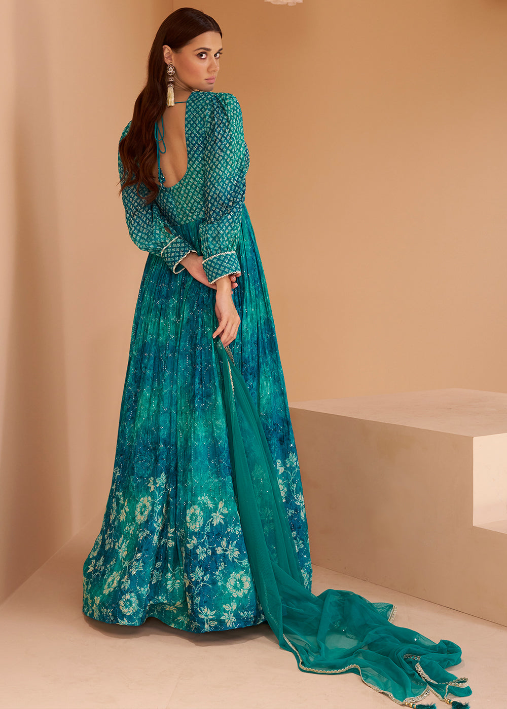 Cerulean Blue Floral Printed Georgette Anarkali Suit By Qivii