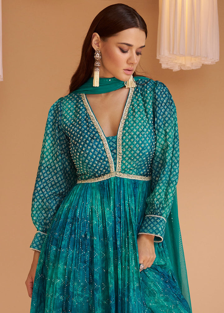 Cerulean Blue Floral Printed Georgette Anarkali Suit By Qivii