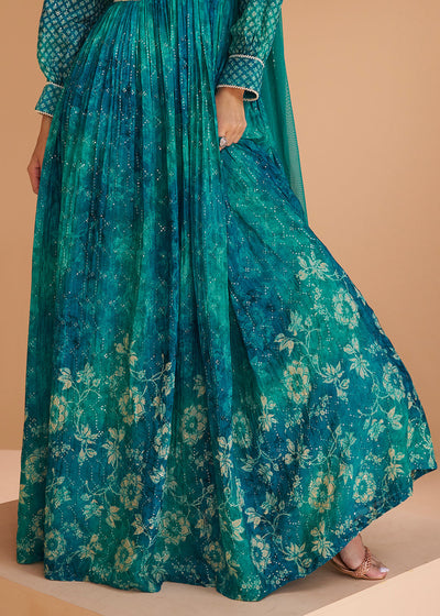 Cerulean Blue Floral Printed Georgette Anarkali Suit By Qivii