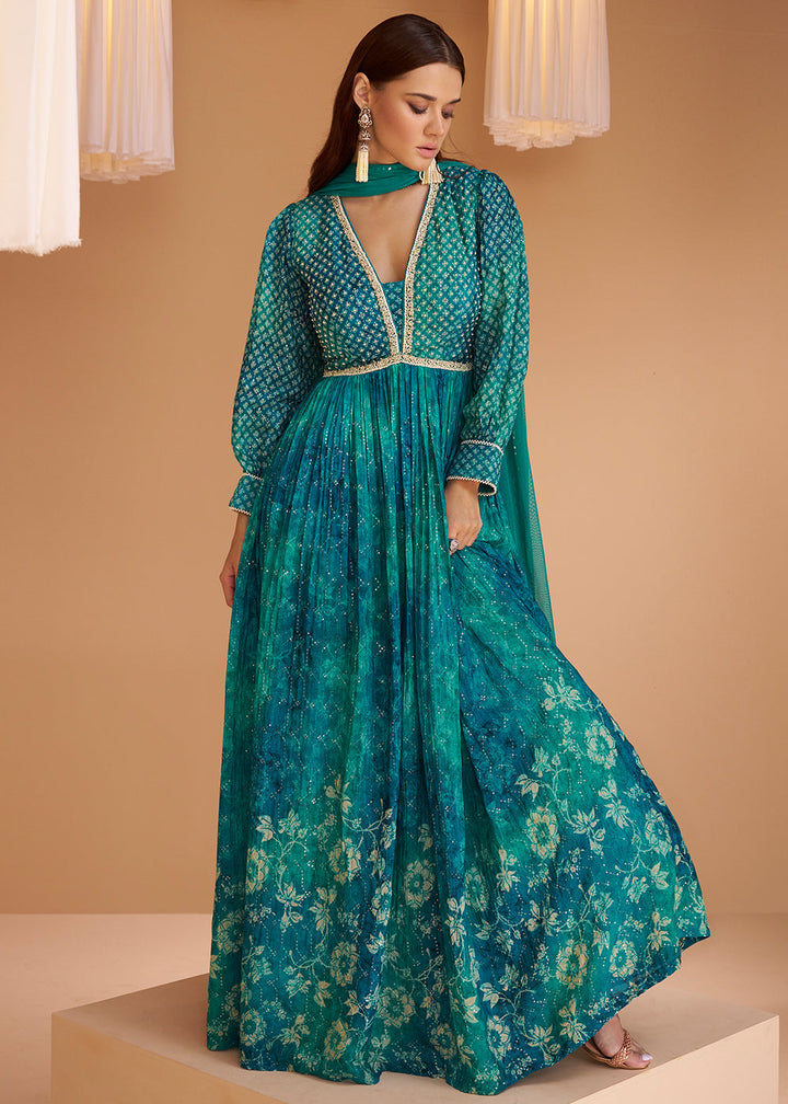 Cerulean Blue Floral Printed Georgette Anarkali Suit By Qivii