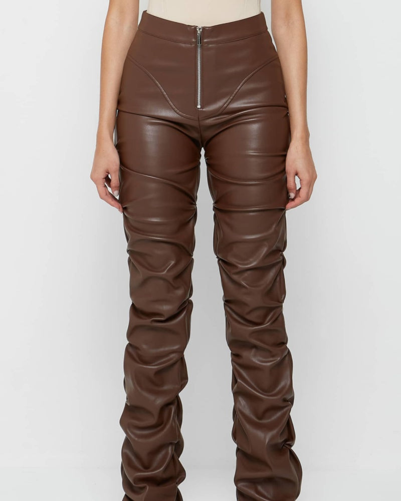 PU Leather Personalized Pleated Flared Pants  - By Qivii