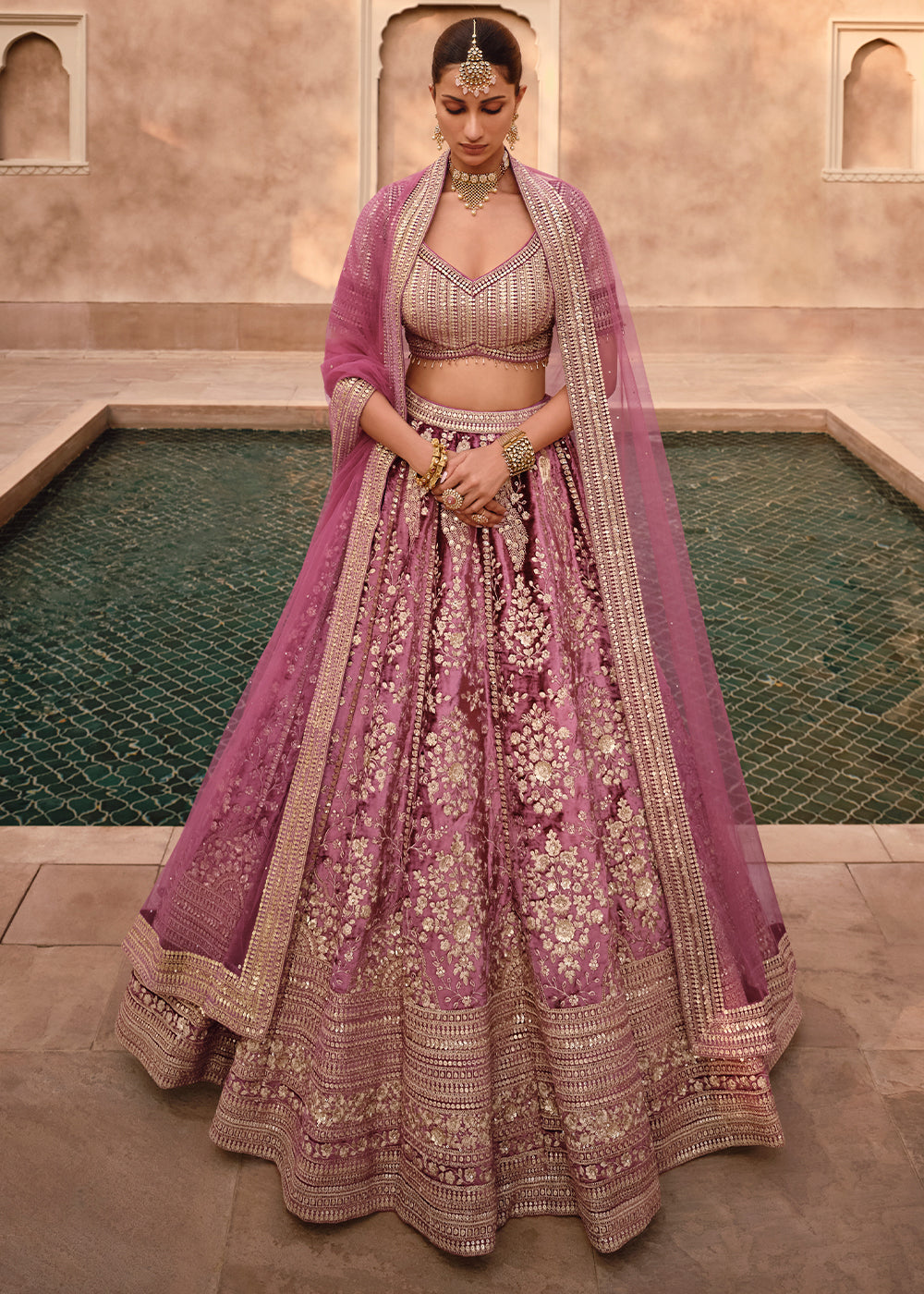 Shades of Pink Ready to Wear Designer Viscose Lycra Silk Lehenga Choli With Fully Embroidered Work Lehenga Choli on mannequin showcasing intricate embroidery and fabric details