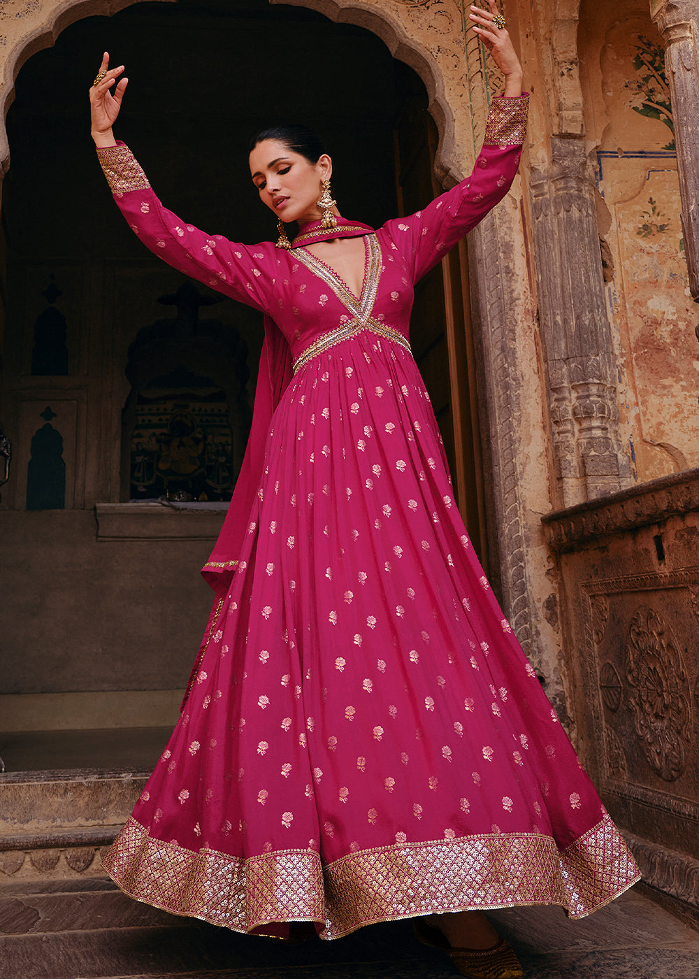 Hot Pink Viscose Jacquard Silk Anarkali Suit with Front & Back Embroidery By Qivii