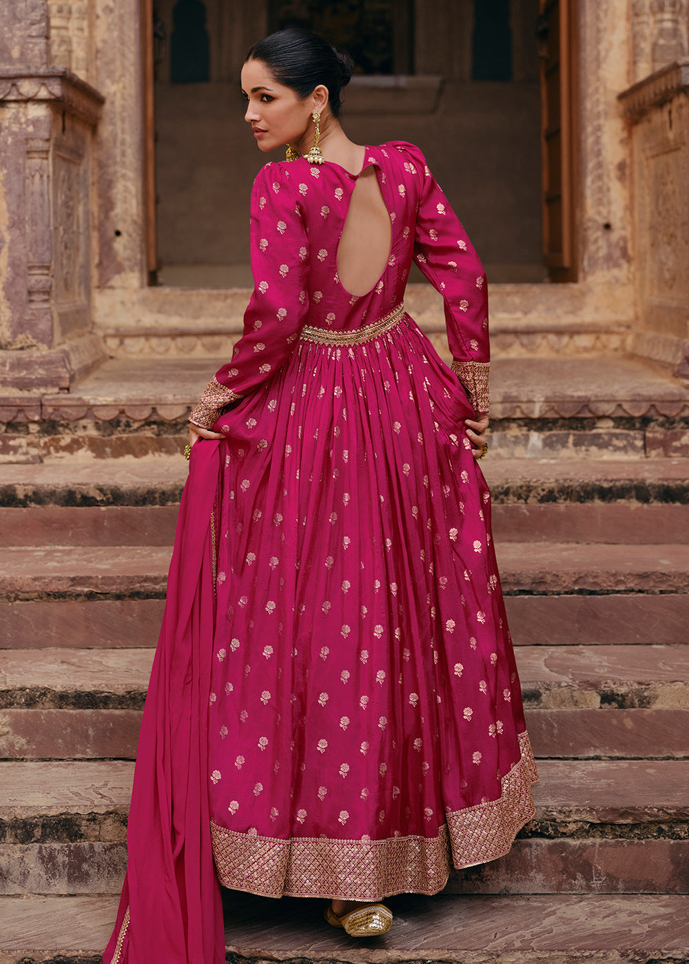 Hot Pink Viscose Jacquard Silk Anarkali Suit with Front & Back Embroidery By Qivii