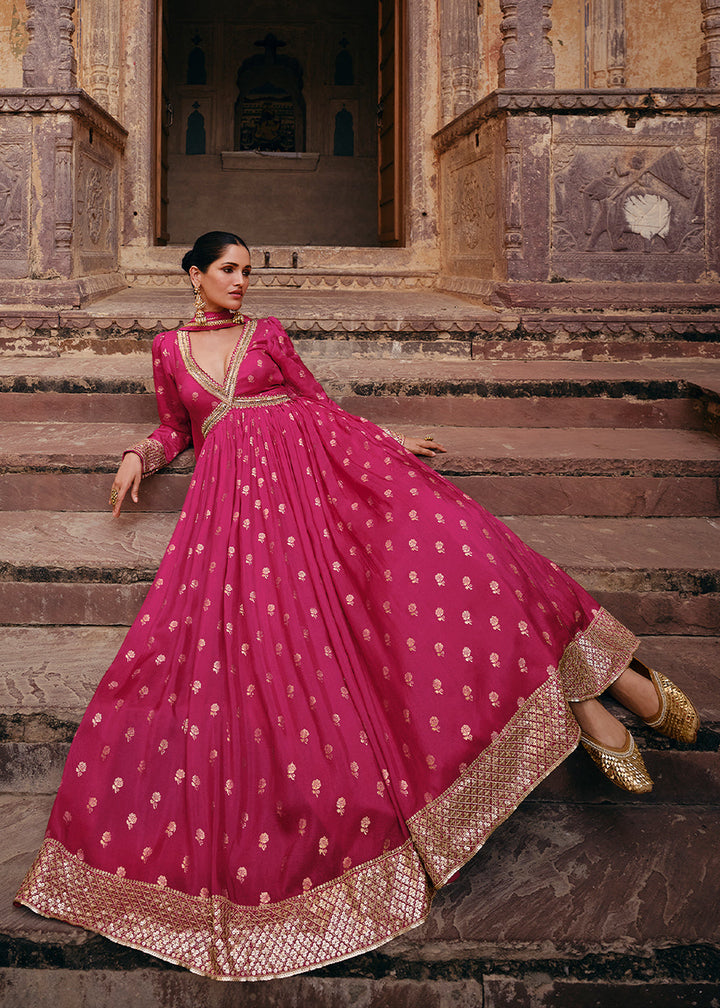 Hot Pink Viscose Jacquard Silk Anarkali Suit with Front & Back Embroidery By Qivii