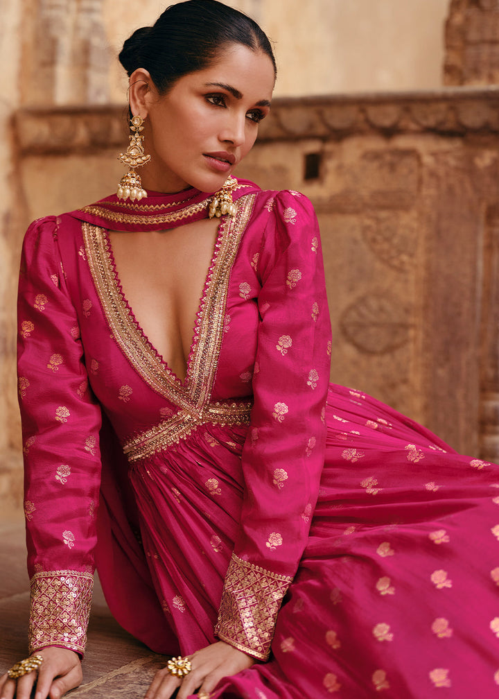 Hot Pink Viscose Jacquard Silk Anarkali Suit with Front & Back Embroidery By Qivii