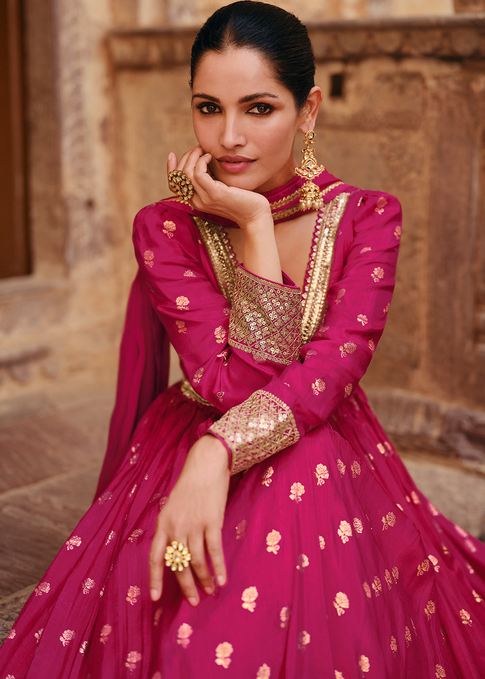 Hot Pink Viscose Jacquard Silk Anarkali Suit with Front & Back Embroidery By Qivii