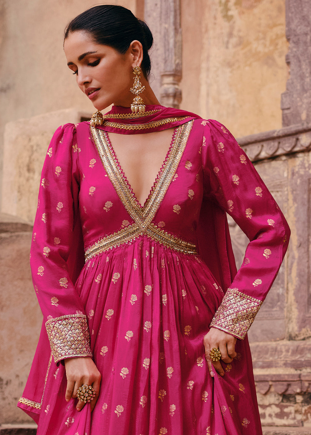 Hot Pink Viscose Jacquard Silk Anarkali Suit with Front & Back Embroidery By Qivii