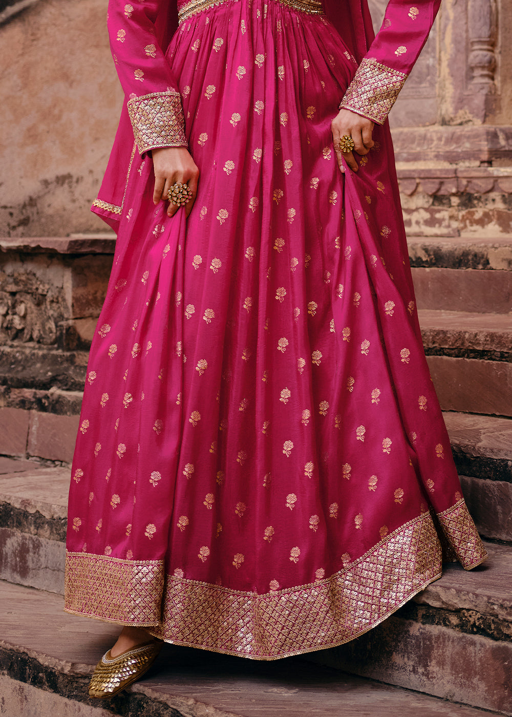 Hot Pink Viscose Jacquard Silk Anarkali Suit with Front & Back Embroidery By Qivii