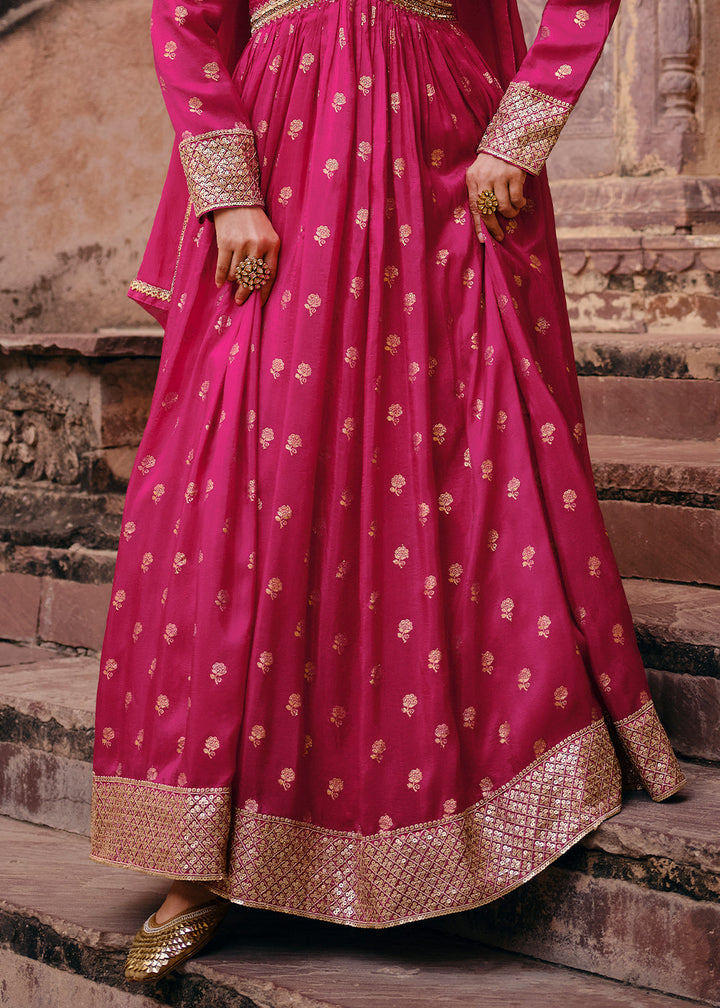 Hot Pink Viscose Jacquard Silk Anarkali Suit with Front & Back Embroidery By Qivii