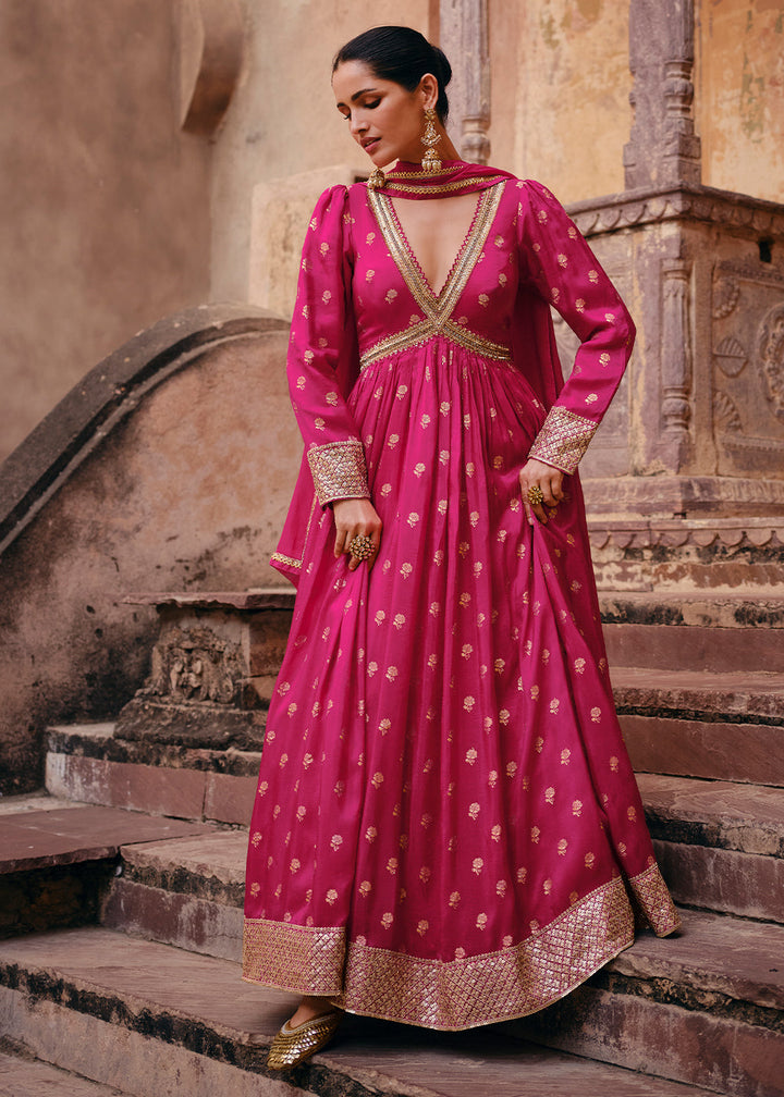 Hot Pink Viscose Jacquard Silk Anarkali Suit with Front & Back Embroidery By Qivii