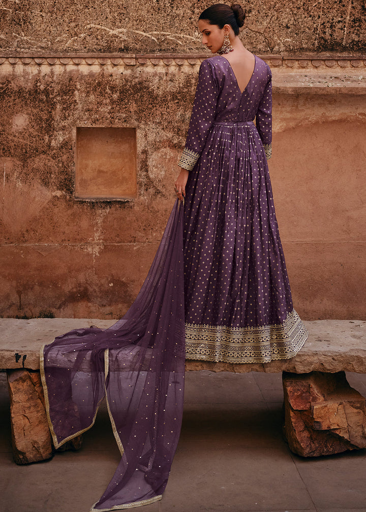 Palatinate Purple Viscose Jacquard Silk Anarkali Suit with Front & Back Embroidery By Qivii