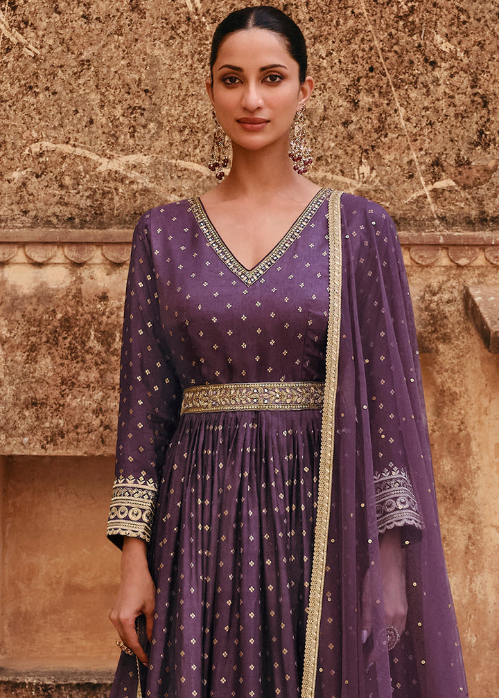 Palatinate Purple Viscose Jacquard Silk Anarkali Suit with Front & Back Embroidery By Qivii