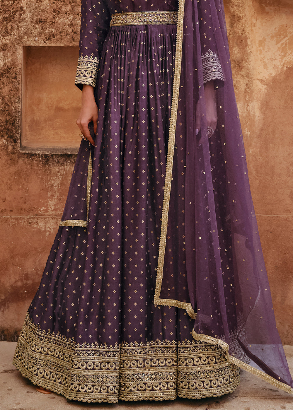 Palatinate Purple Viscose Jacquard Silk Anarkali Suit with Front & Back Embroidery By Qivii