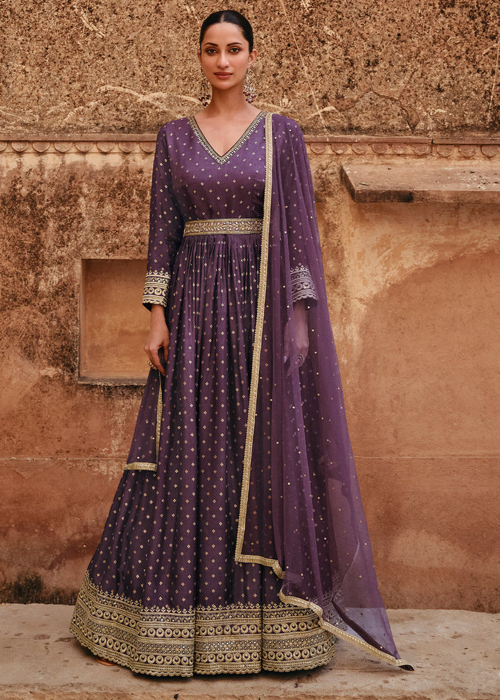 Palatinate Purple Viscose Jacquard Silk Anarkali Suit with Front & Back Embroidery By Qivii