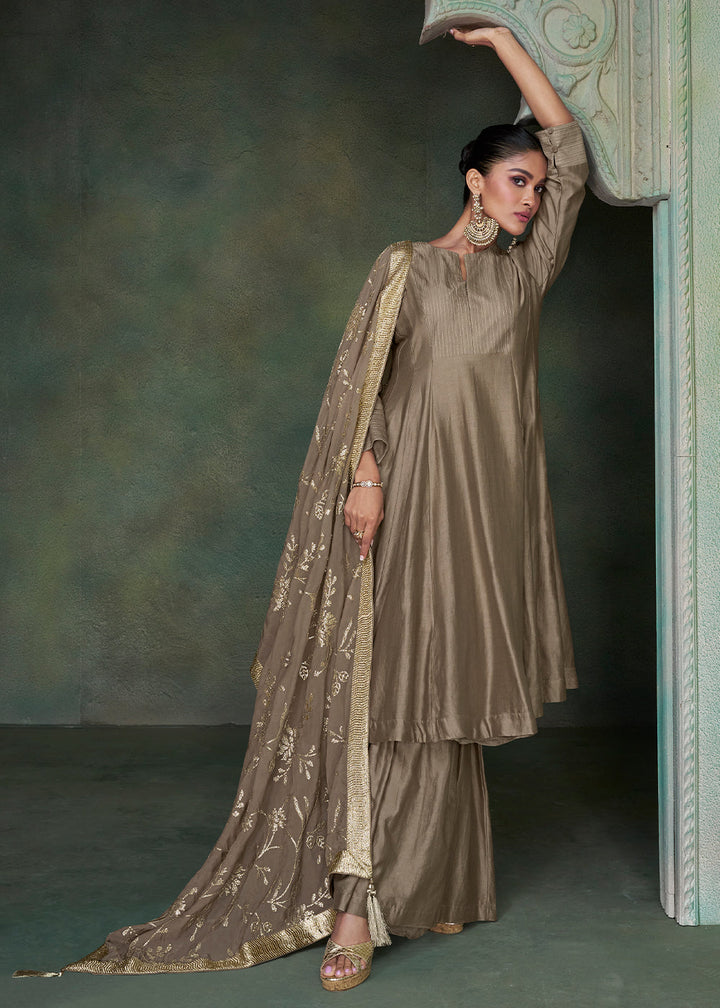 Dark Khaki Brown Designer Silk Salwar Suit with Organza Dupatta By Qivii