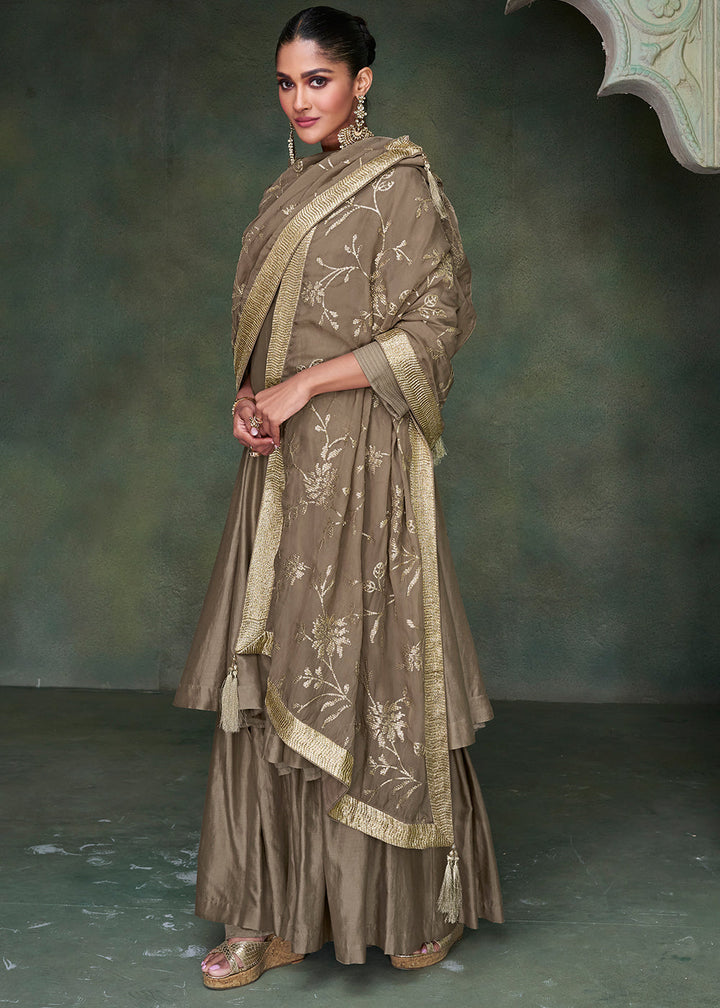 Dark Khaki Brown Designer Silk Salwar Suit with Organza Dupatta By Qivii