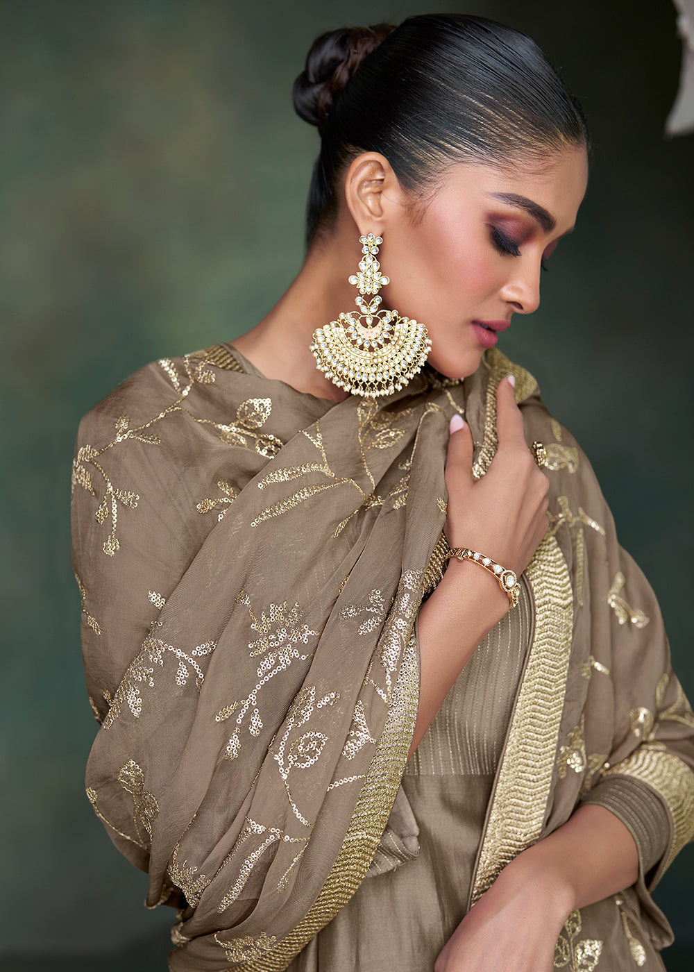 Dark Khaki Brown Designer Silk Salwar Suit with Organza Dupatta By Qivii