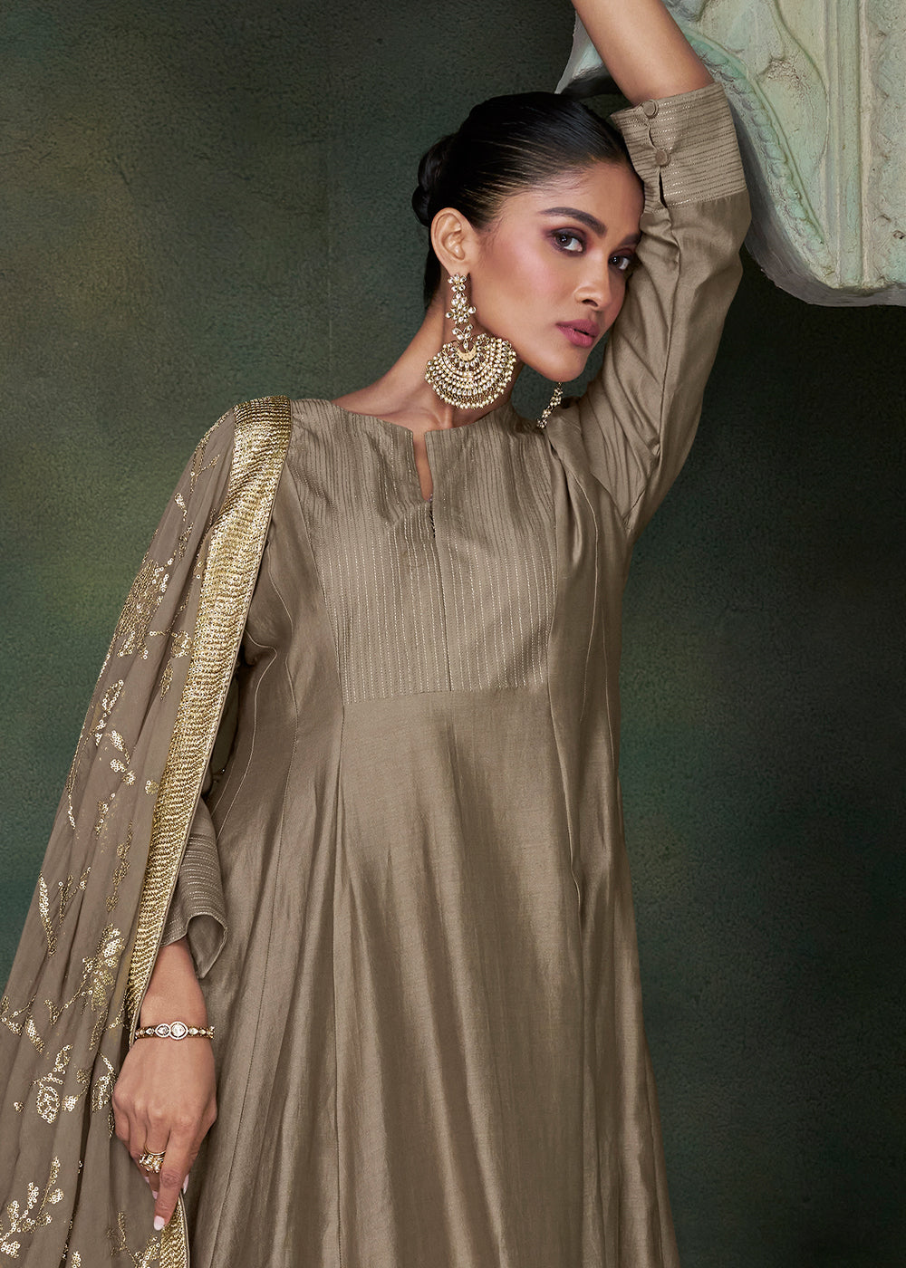 Dark Khaki Brown Designer Silk Salwar Suit with Organza Dupatta By Qivii