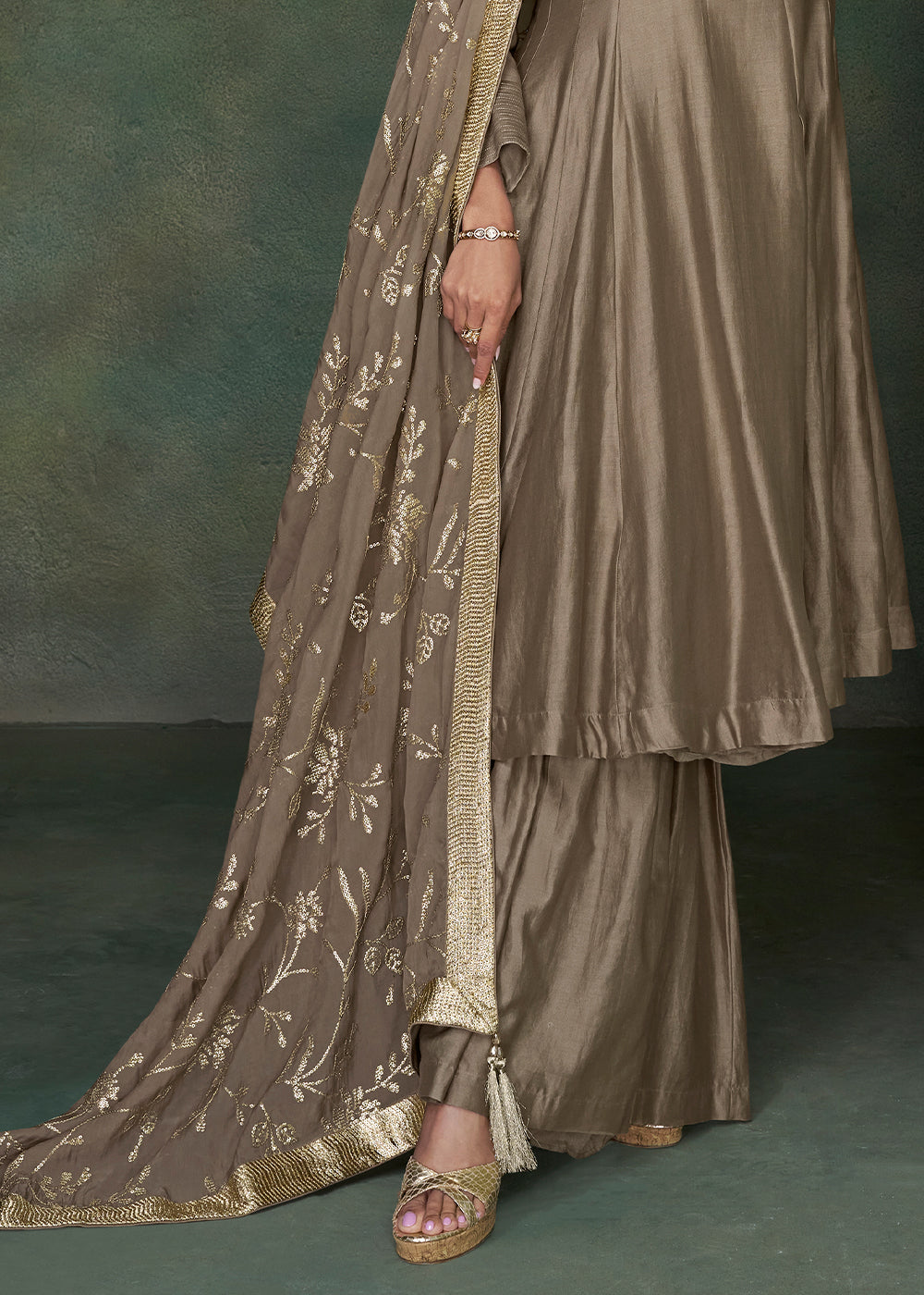 Dark Khaki Brown Designer Silk Salwar Suit with Organza Dupatta By Qivii