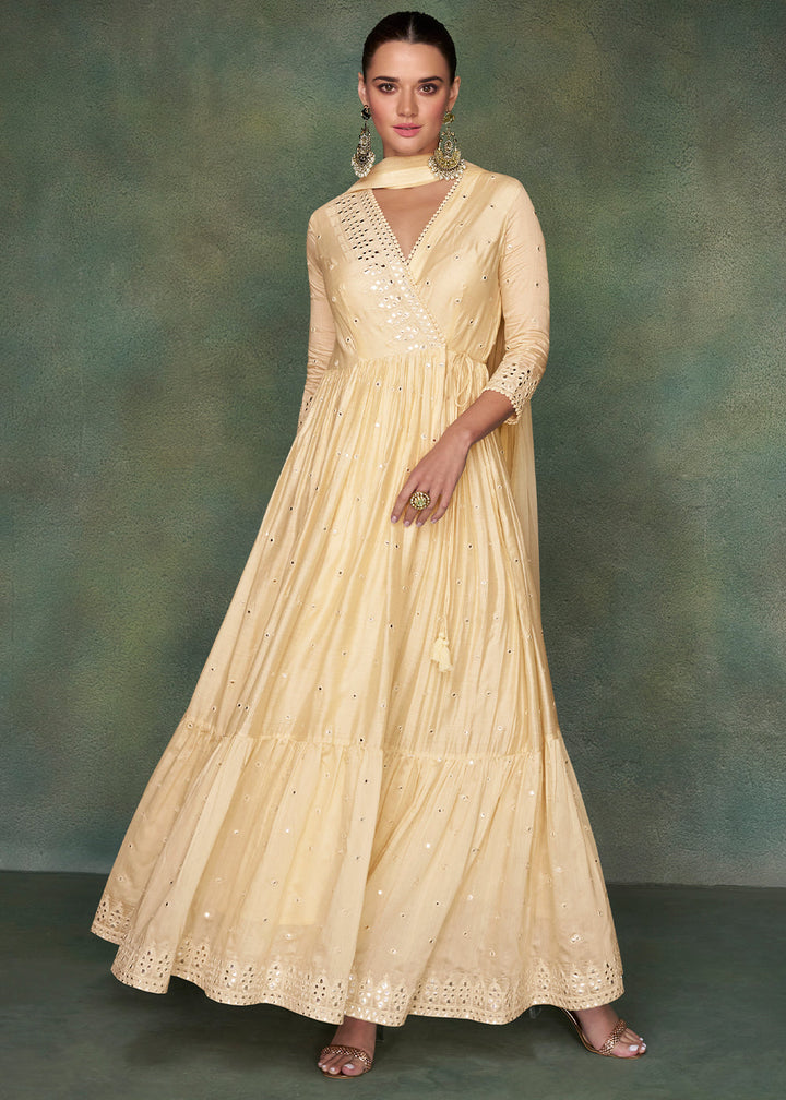 Cream White Designer Silk Anarkali Suit with Net Dupatta By Qivii