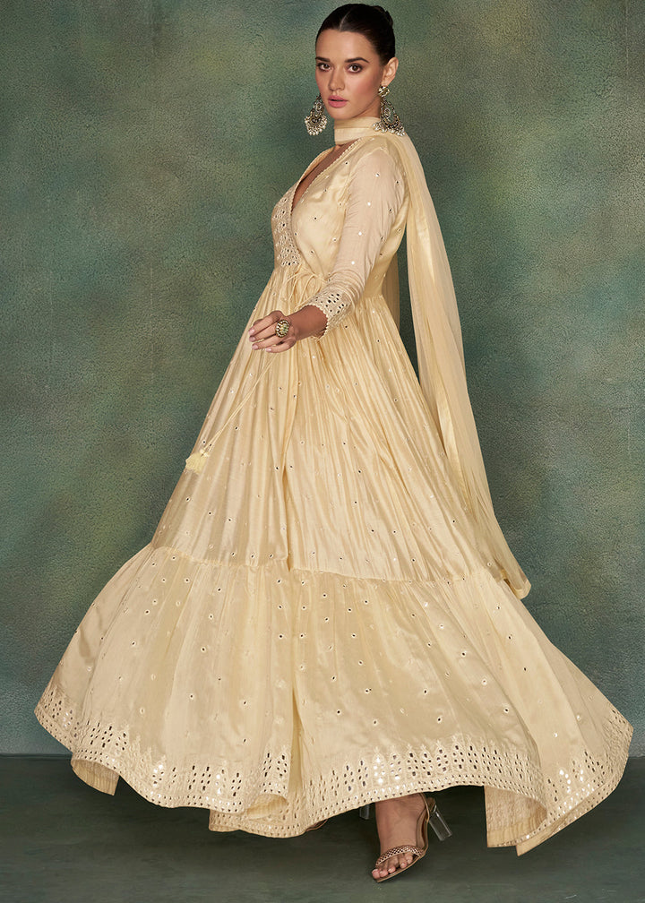 Cream White Designer Silk Anarkali Suit with Net Dupatta By Qivii