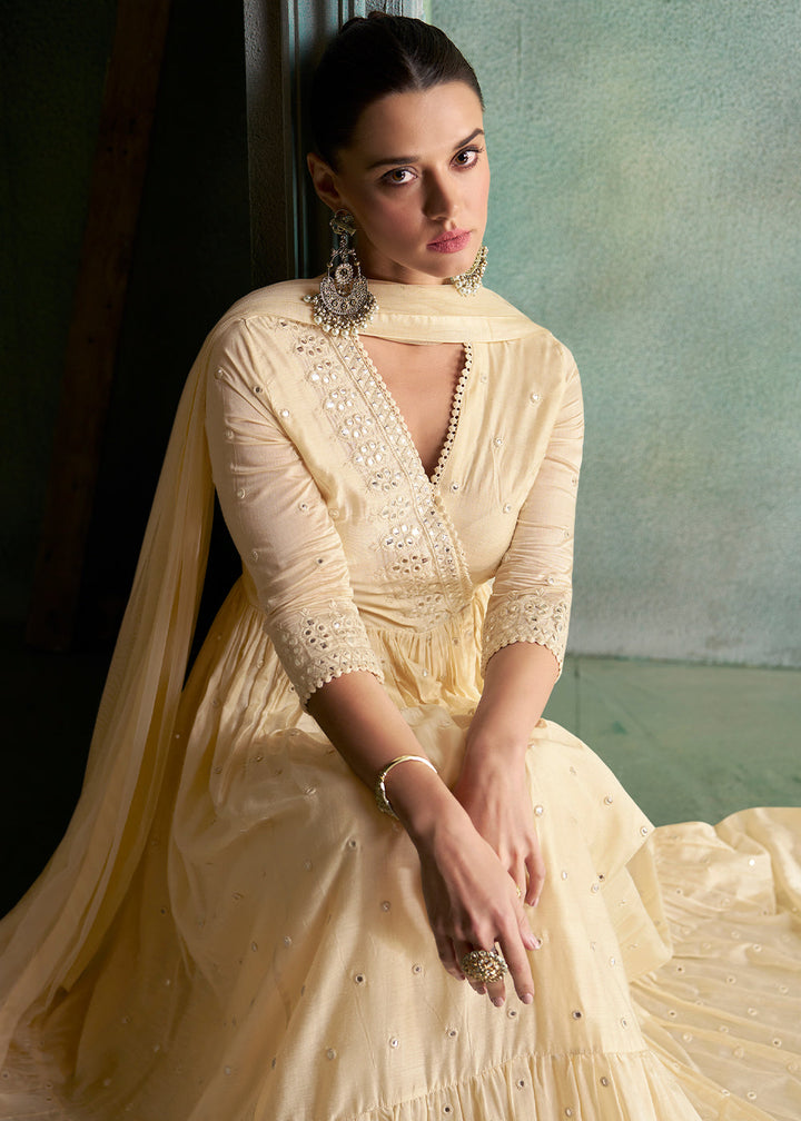 Cream White Designer Silk Anarkali Suit with Net Dupatta By Qivii