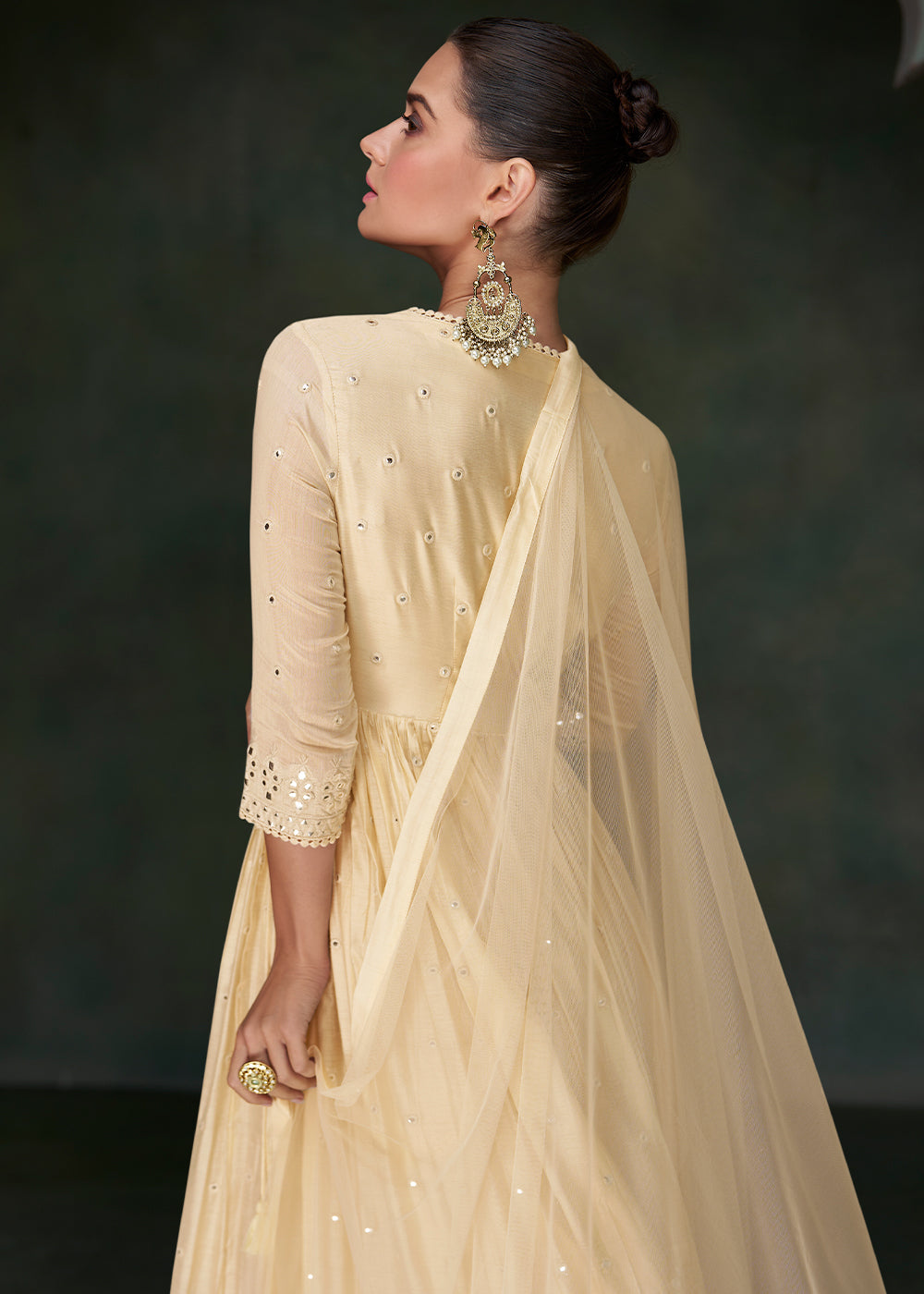 Cream White Designer Silk Anarkali Suit with Net Dupatta By Qivii