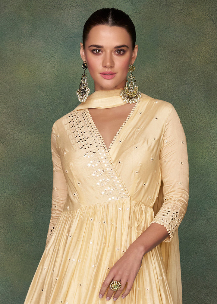 Cream White Designer Silk Anarkali Suit with Net Dupatta By Qivii