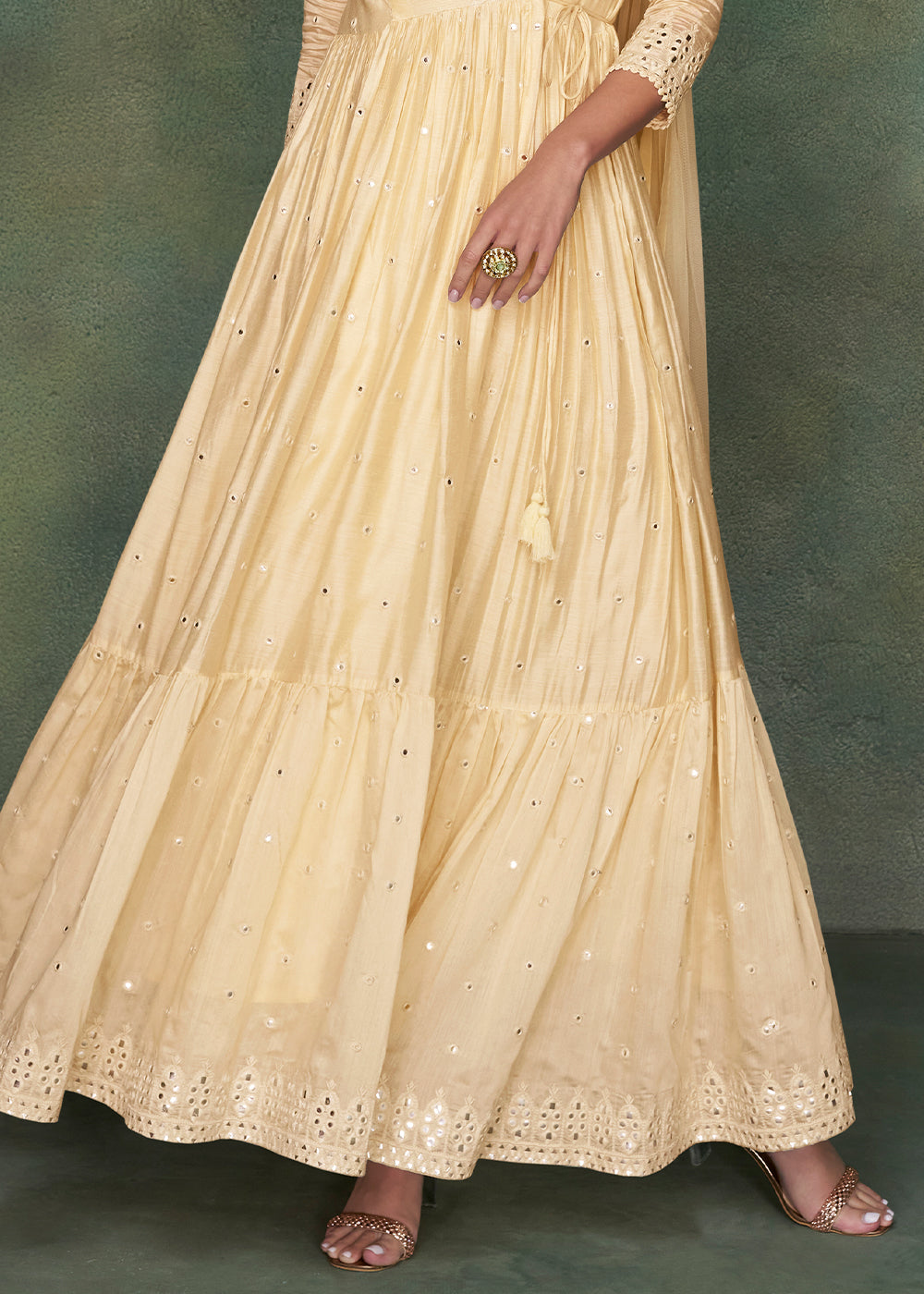 Cream White Designer Silk Anarkali Suit with Net Dupatta By Qivii