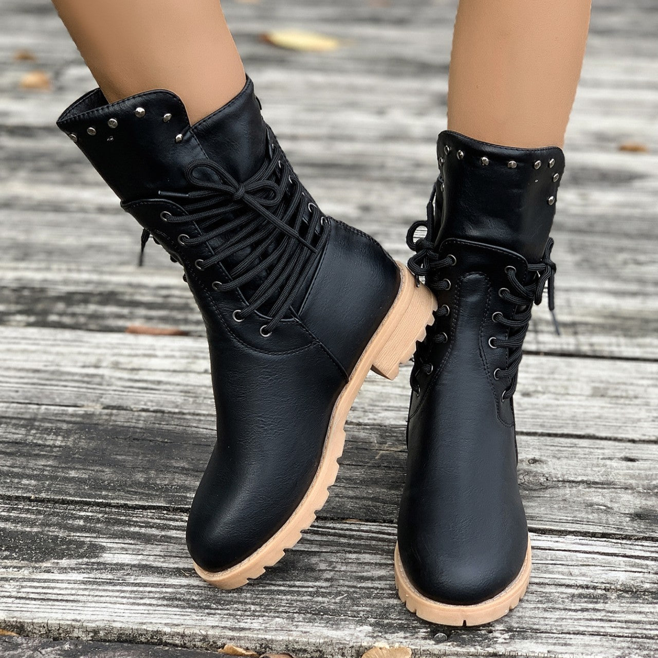 Women's Rivet Roma Boots - Side Lace Chunky Heel Mid Calf Boots (US 4-10.5)