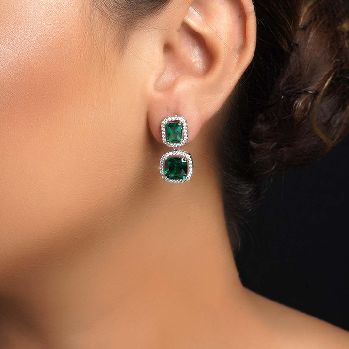 Damyanti Green Emerald Stones Silver Plated American Diamond Earrings